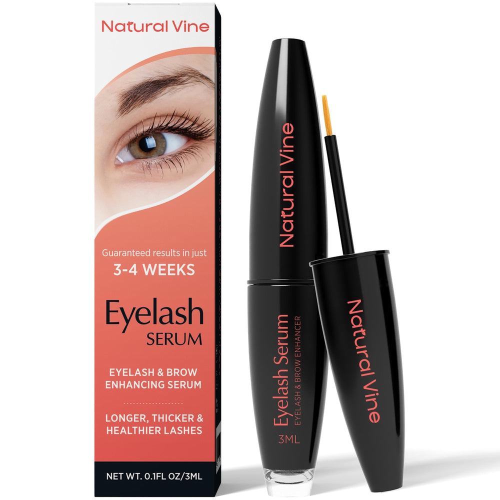 Natural Vine Eyelash Growth Serum bottle closeup showing thickness potential.