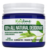 Naturally Sourced Kaiame Tea Tree Deodorant jar with activated charcoal for odor control and moisture absorption.