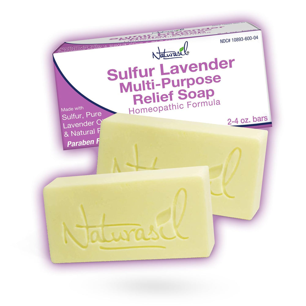 Naturasil sulfur lavender soap bar packaging shows gentle daily cleansing for all skin types.