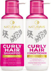 Naturavis Curly Hair Shampoo bottle demonstrates deep hydration for defined curls.