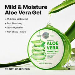 Nature Republic Aloe Vera Watery Gel close up shows light texture for fast absorption.
