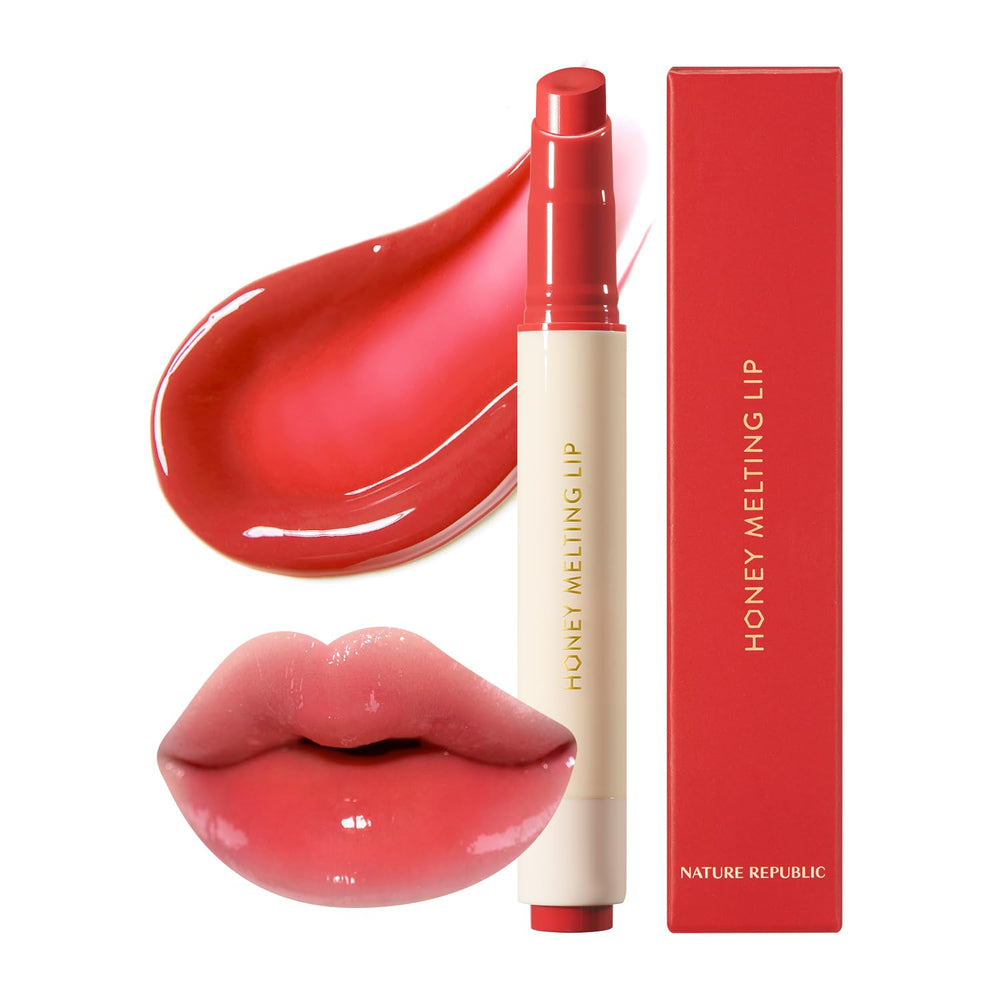 Nature Republic Honey Melting Lip 04 Pomegranate close-up shows a honey-soft glide with sheer color
