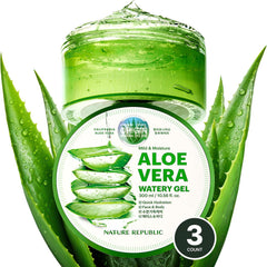 Nature Republic Aloe Vera Watery Gel packaging shows a 3-piece set for hydration.