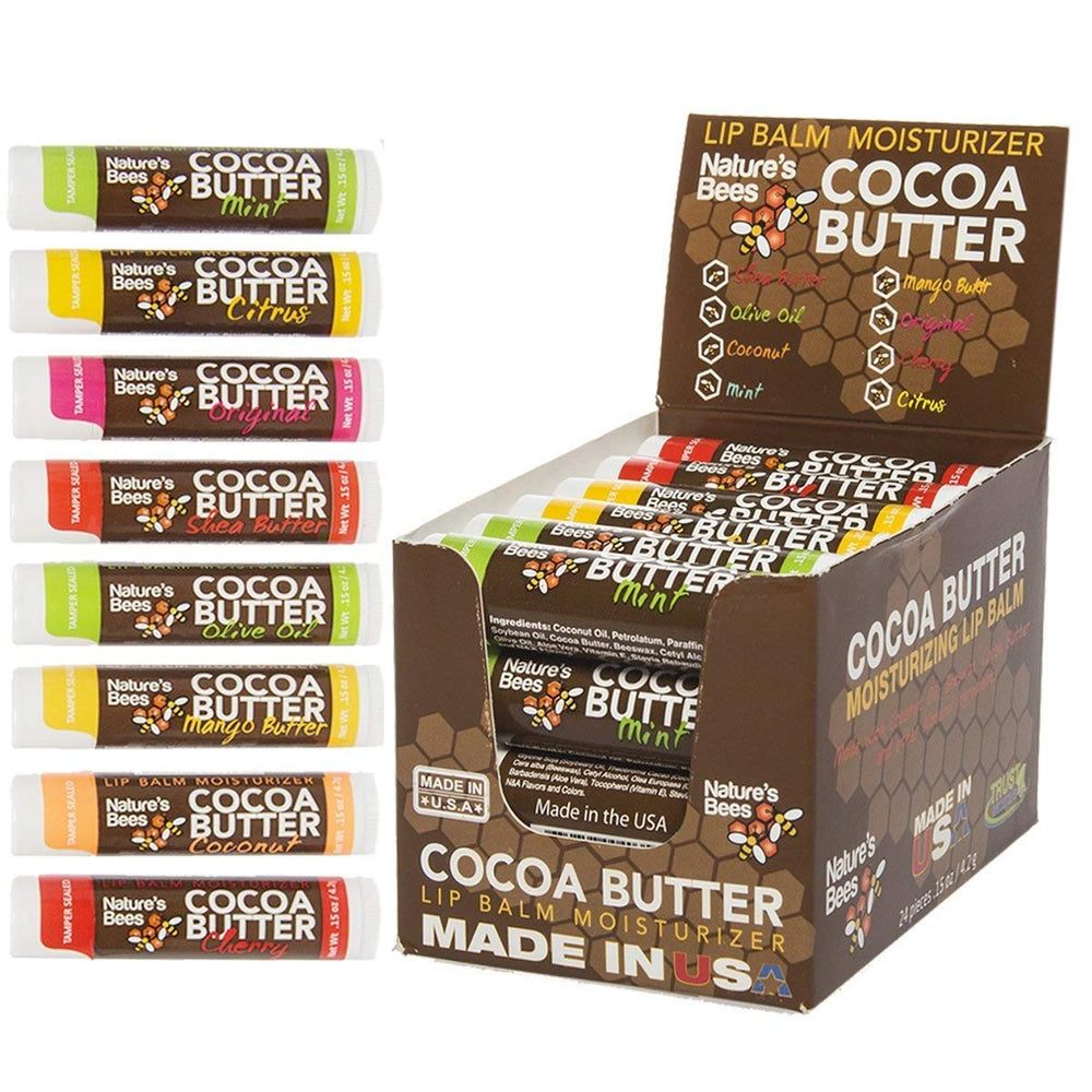 Nature’s Bees lip balm bulk pack image shows 24 tubes for convenient gifting and daily moisture.
