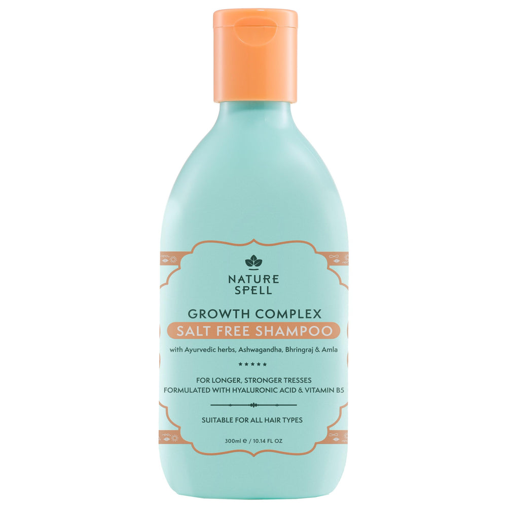 Nature Spell Hair Growth Shampoo bottle shows a gentle sulfate-free cleanse for all hair types.