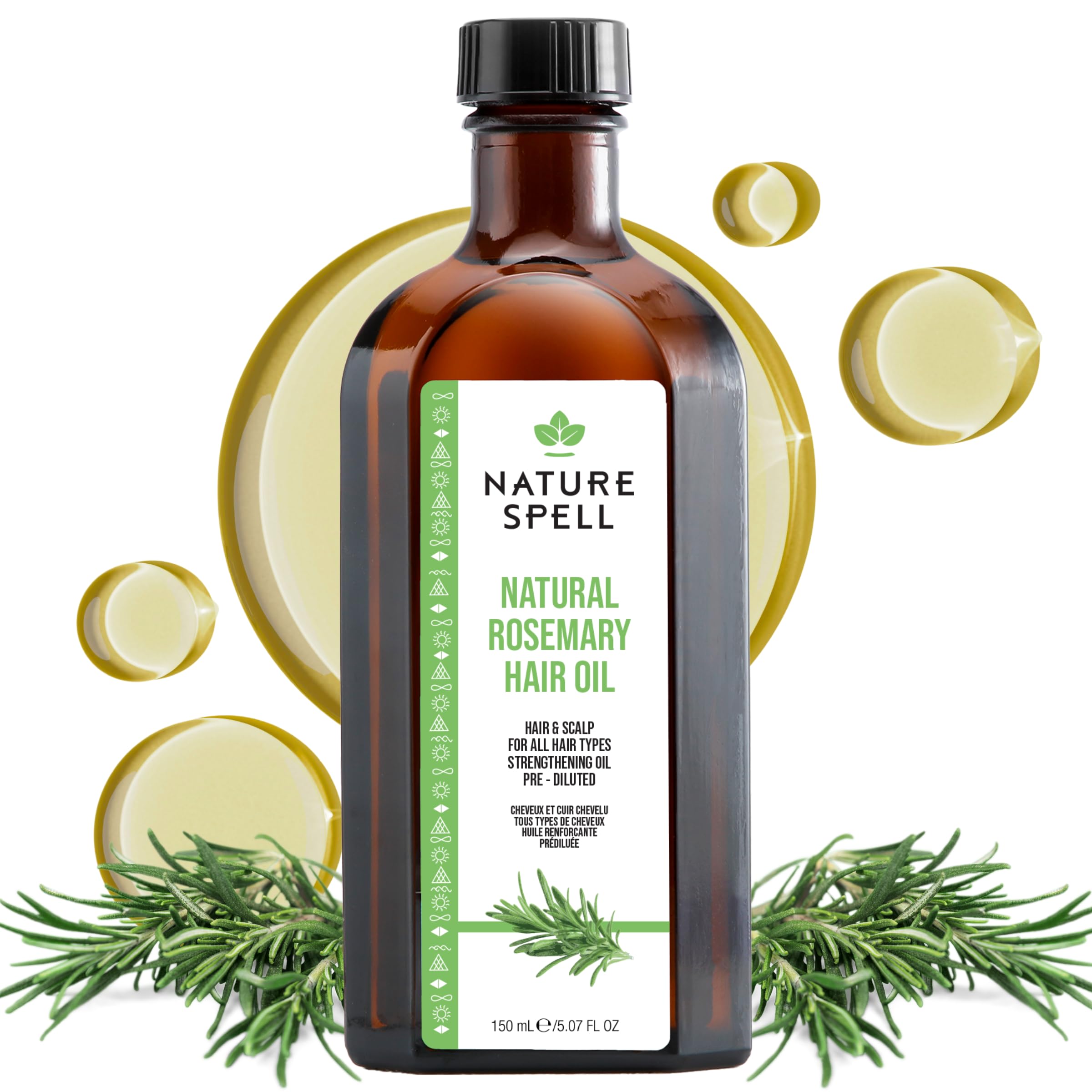 Nature Spell Rosemary Oil bottle closeup for easy scalp care and hair nourishment
