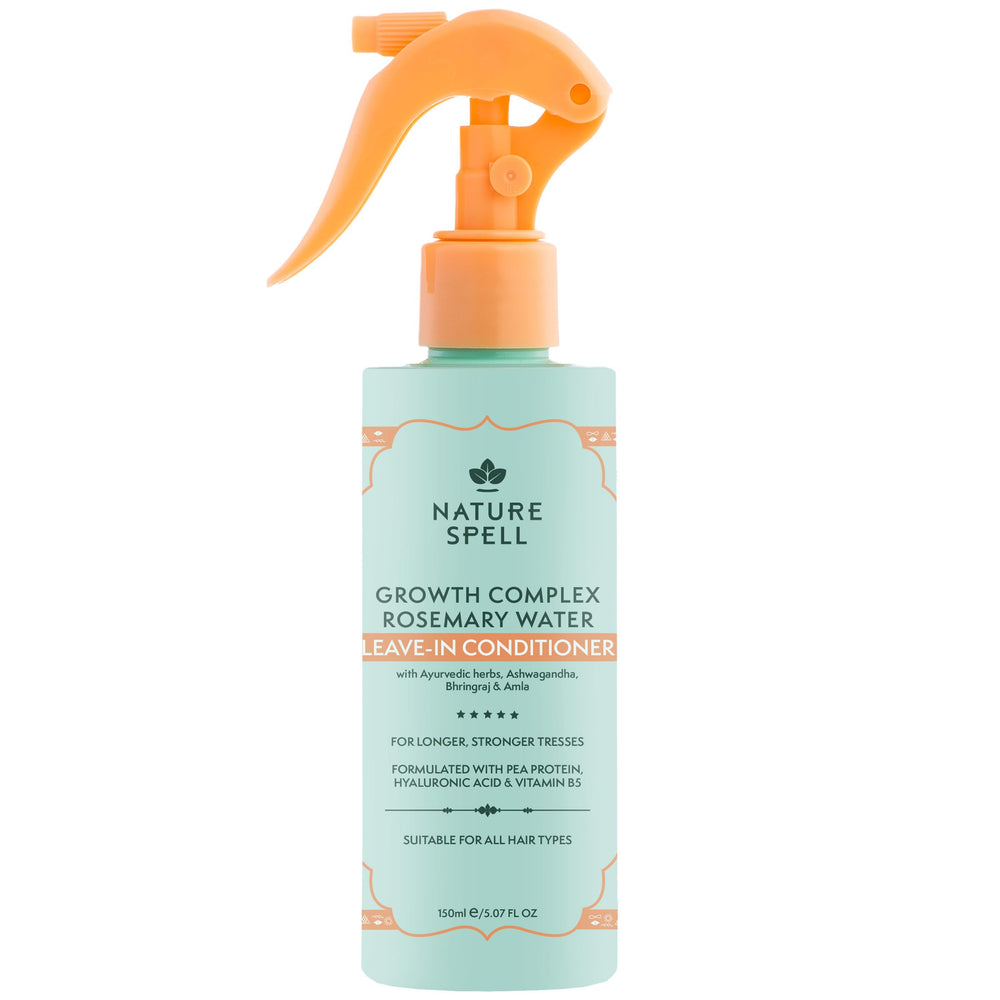 Nature Spell Rosemary Water Leave-In Conditioner bottle closeup highlighting nourishing formula.