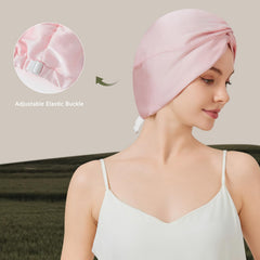 NatureKess silk bonnet with elastic band on head demonstrates secure all-night stay