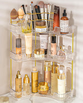 Nature's Source 3-tier corner makeup organizer on vanity for clutter-free counter.
