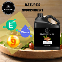 Naturevibe Botanicals Golden Jojoba Oil label highlights 100% pure cold-pressed formula