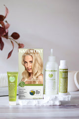 Naturtint 10N Light Dawn Blonde mixing bowl and kit close-up signals easy, mess-free home coloring.