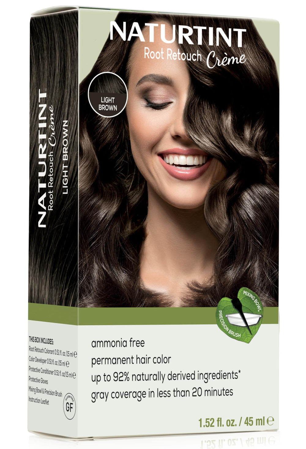 Naturtint Light Brown Root Retouch Creme package highlights ammonia-free formula for seamless gray blending.
