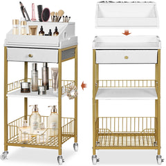 NauwaBarn makeup cart front view in gold finish for clutter-free vanity storage