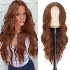 NAYOO Long Auburn Wavy Wig 26 inch front view shows natural hairline for daily wear.
