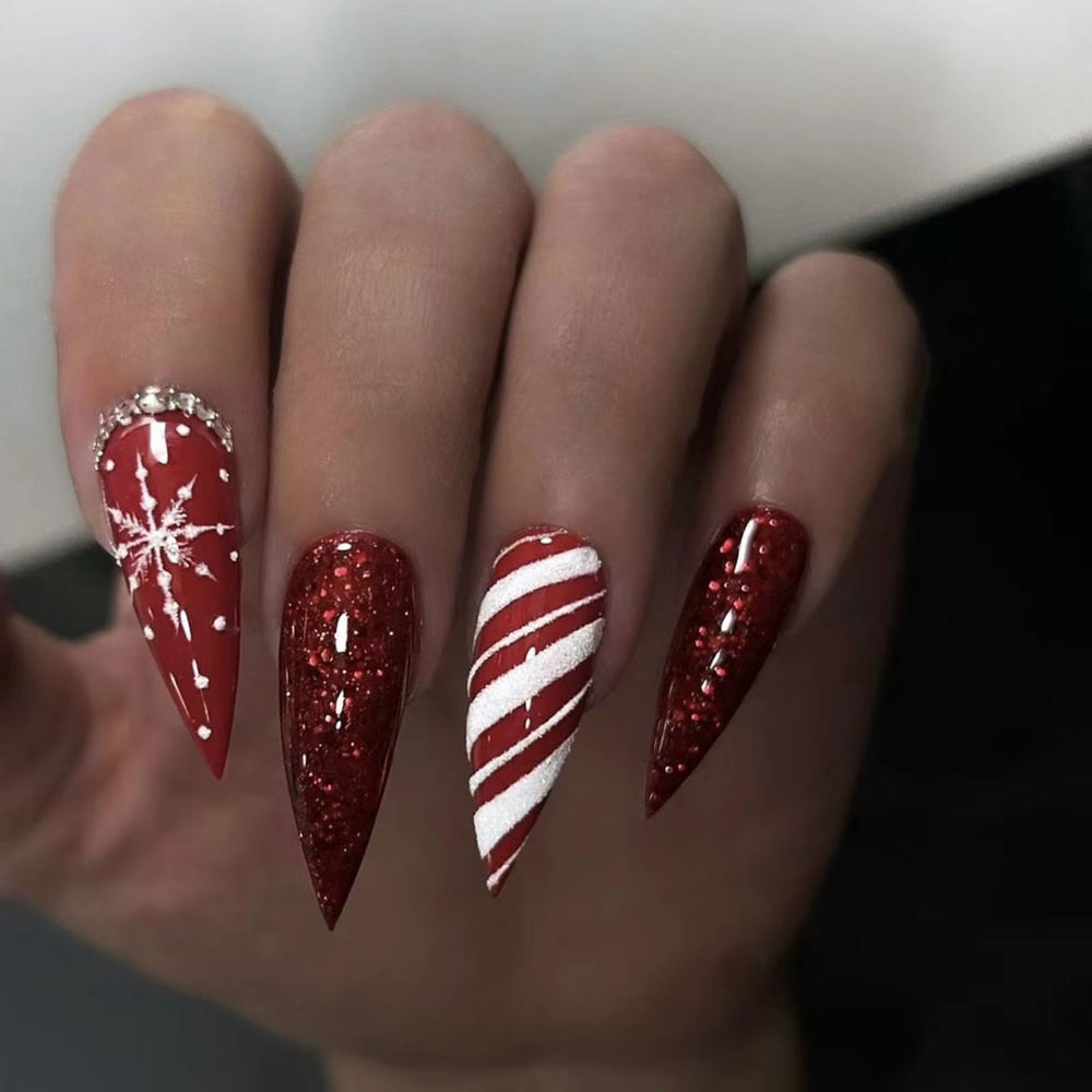 NBNTGH Christmas press-on nails glitter red snowflakes close-up for fast festive glam