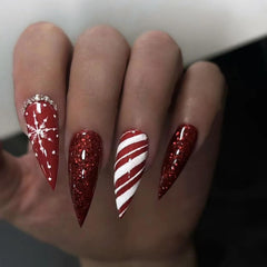 NBNTGH Christmas press-on nails glitter red snowflakes close-up for fast festive glam