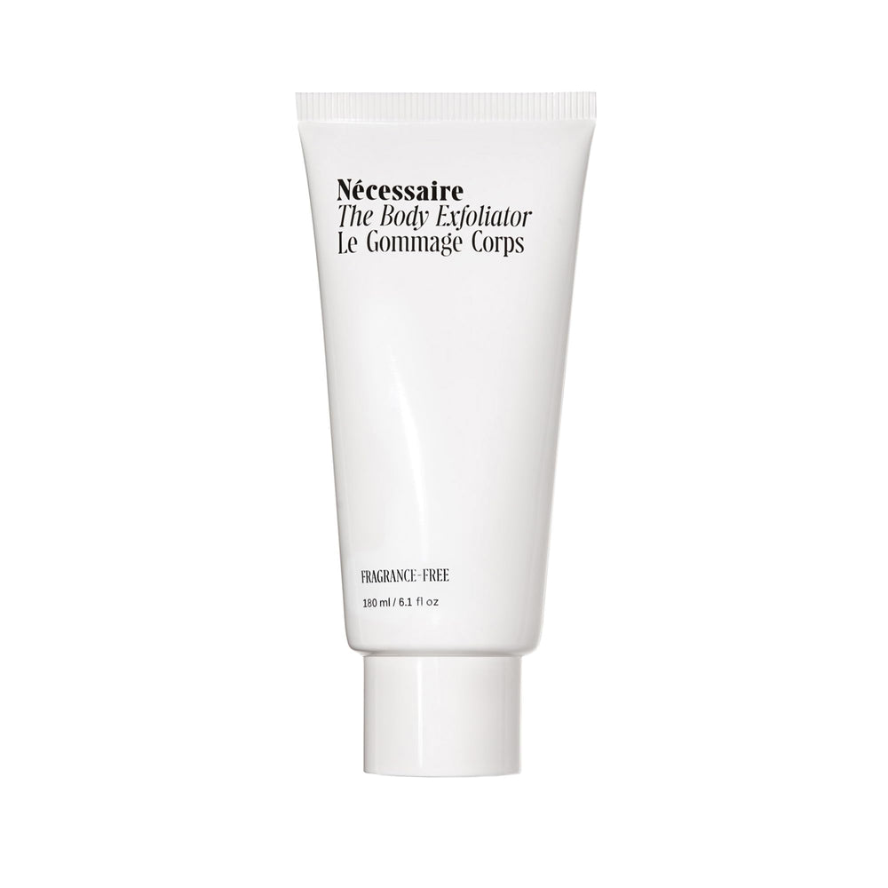 Nécessaire The Body Exfoliator bottle demonstrating gentle exfoliation for smoother skin.