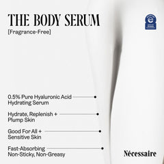 Nécessaire Body Serum fragrance-free label close-up indicating sensitive-skin suitability.