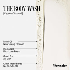 Nécessaire body wash Cyprès-Citronné foam shows luxurious lather for easy cleansing.