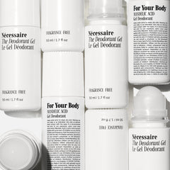 5% AHA label on Nécessaire Deodorant Gel emphasizes odor and discoloration support.