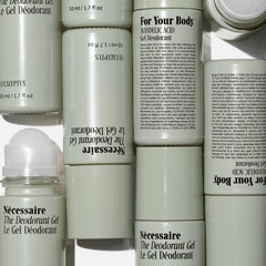 Nécessaire Deodorant Gel Eucalyptus label close-up communicates 5% AHA and vegan status.