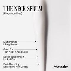 Nécessaire The Neck Serum label closeup highlighting fragrance-free, hypoallergenic formula.