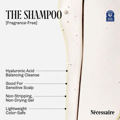 Nécessaire The Shampoo ingredients highlighting hyaluronic acid and niacinamide.