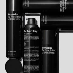 Nécessaire Retinol body lotion bottle highlights fragrance-free, all-skin friendly formula.