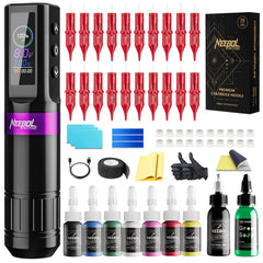 Neebol LED display tattoo gun showing real-time session data for precise control