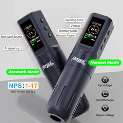 Neebol tattoo gun LED display clearly shows voltage and battery for precise control.