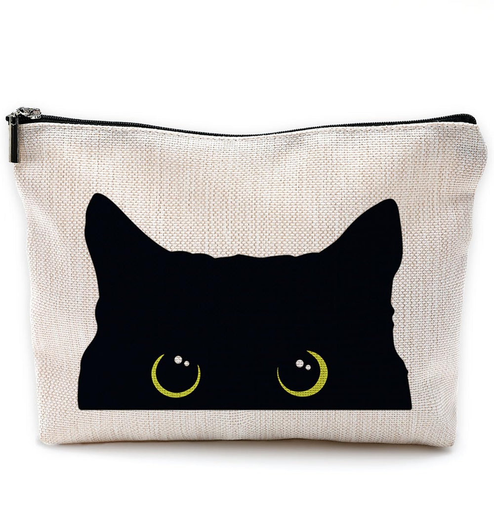 NEGIGA Cat Makeup Bag front view in black with kitten design for daily cosmetics on-the-go