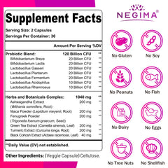 Negima menopause capsules closeup emphasizing 120 billion CFU probiotics