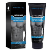 NEOMEN painless depilatory bottle demonstrates quick, painless hair removal for intimate areas.