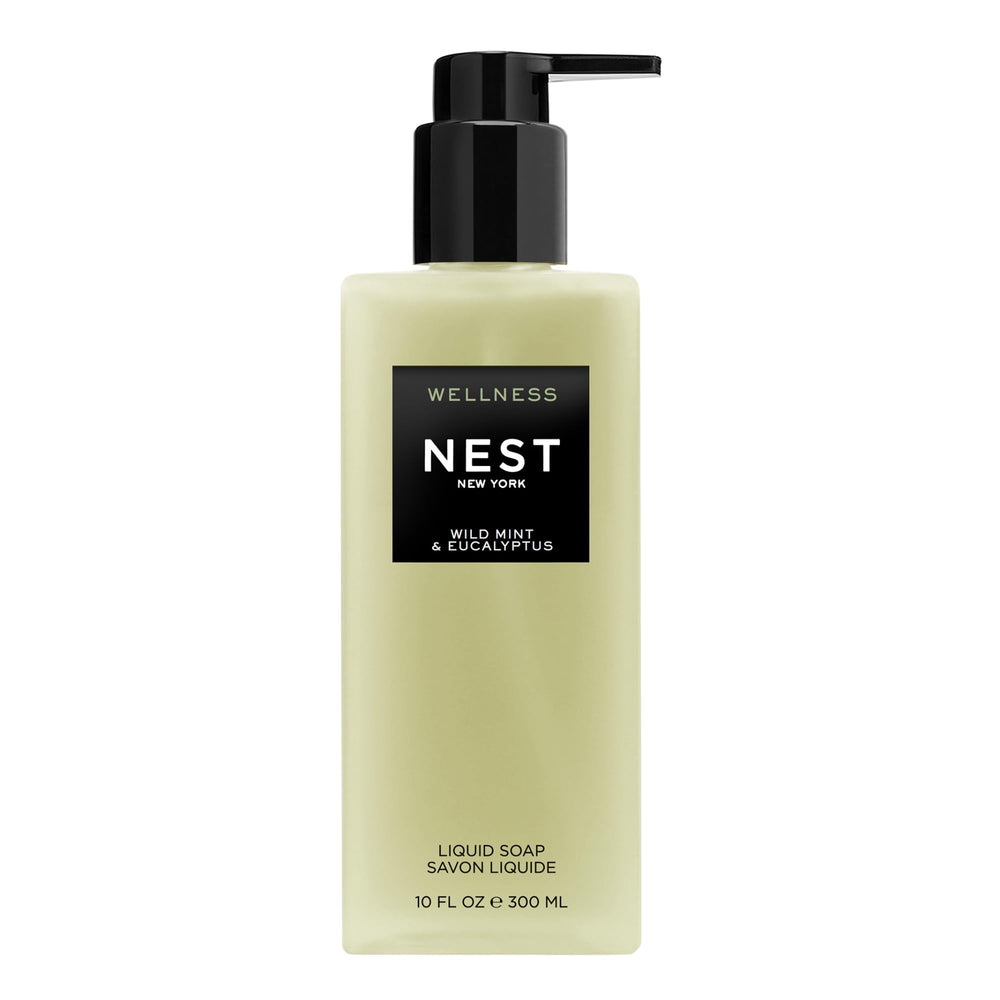 NEST New York liquid soap bottle with mint-eucalyptus fragrance for refreshing hand cleansing.
