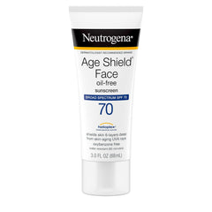 Neutrogena Age Shield close-up label highlighting SPF 70 and oxybenzone-free formula.