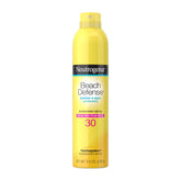 Neutrogena Beach Defense spray bottle showcasing broad spectrum SPF 30 for face and body