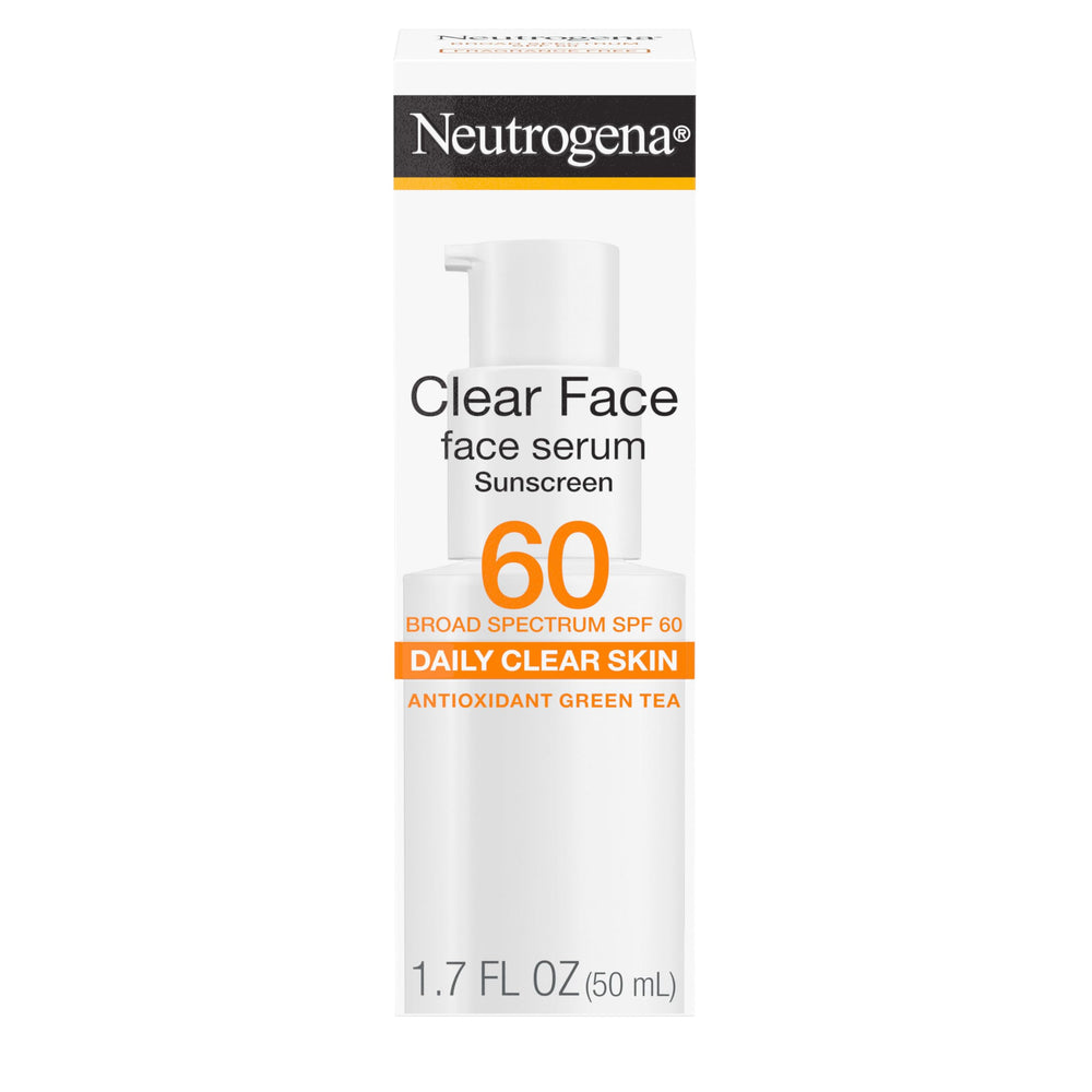 Neutrogena Clear Face Serum Sunscreen bottle showcasing lightweight SPF 60 protection for makeup prep