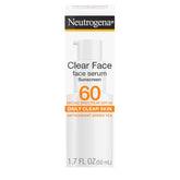 Neutrogena Clear Face Serum Sunscreen bottle showcasing lightweight SPF 60 protection for makeup prep