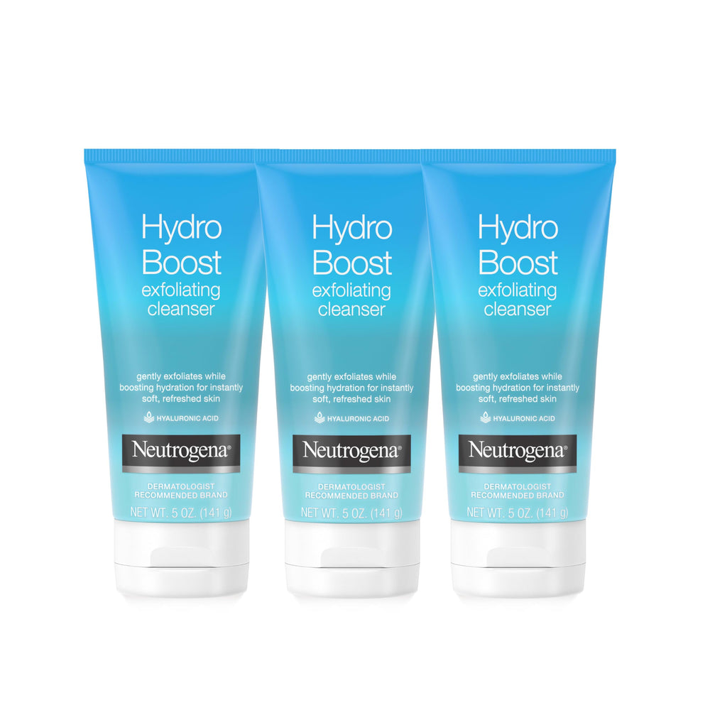 Neutrogena Hydro Boost exfoliating cleanser bottle close-up highlighting daily hydration.