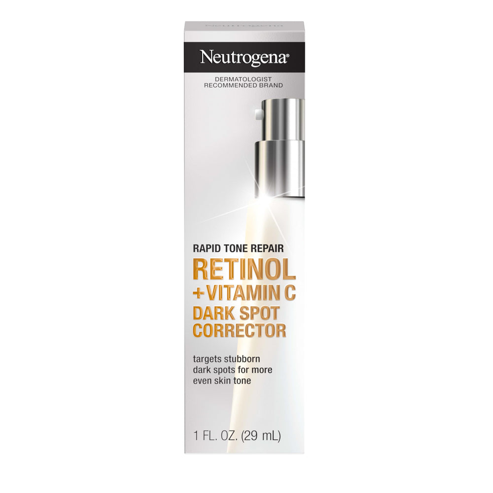 Neutrogena Rapid Tone Repair serum bottle highlights brightening and even tone.