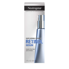 Neutrogena Rapid Wrinkle Repair serum bottle shows retinol formula for smoother skin