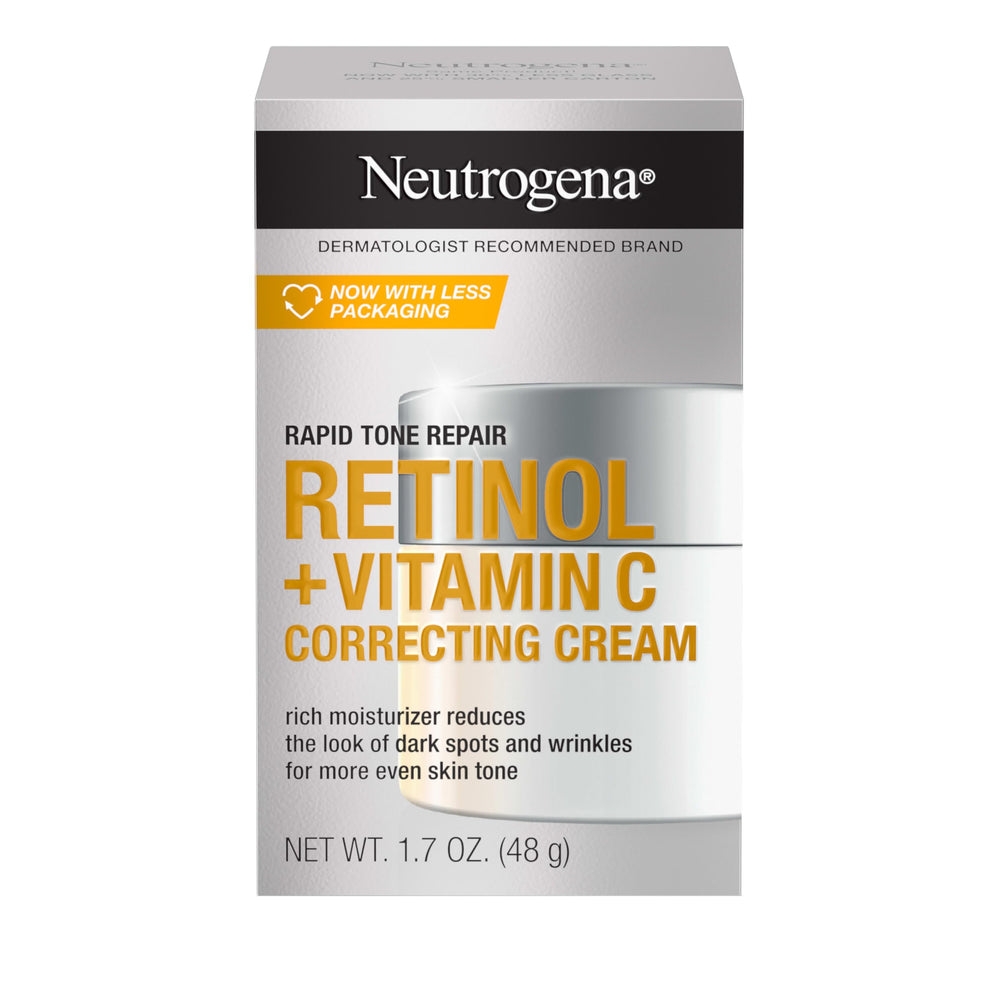 Neutrogena Retinol + Vitamin C Correcting Cream jar promotes even skin tone.