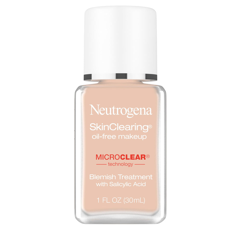 Neutrogena SkinClearing Oil-Free Makeup Soft Beige 50 bottle supports shine control for natural finish.