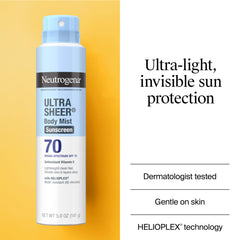 Neutrogena Ultra Sheer Body Mist three-pack packaging highlights travel-friendly sunscreen