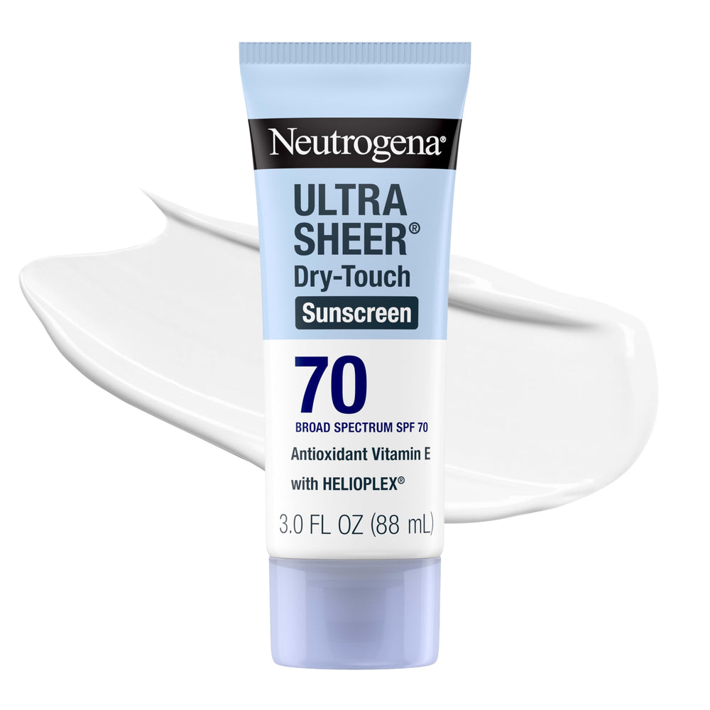 Neutrogena Ultra Sheer front packaging showing SPF 70 for travel convenience