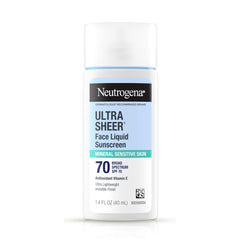 Neutrogena Ultra Sheer Mineral Face Liquid Sunscreen tube front provides everyday SPF 70 protection.
