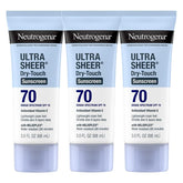 Neutrogena Ultra Sheer Sunscreen bottle front, offering SPF 70 protection for outdoors.