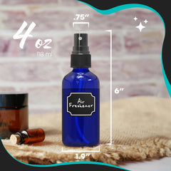 Nevlers blue glass spray bottle 4oz with 24 labels helps identify scents and uses.