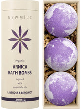New Miuz Arnica Bubble Bath Bomb Lavender Bottle helps relax muscles with arnica and calming lavender.