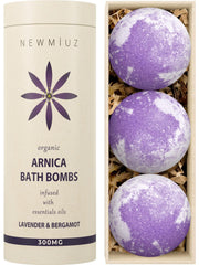New Miuz Arnica Bubble Bath Bomb Lavender Bottle helps relax muscles with arnica and calming lavender.